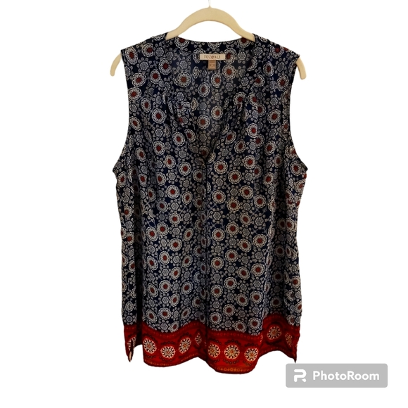 Roz & Ali Women's Navy Medallion Print Sleeveless With Red Border Size 1X - Picture 1 of 8